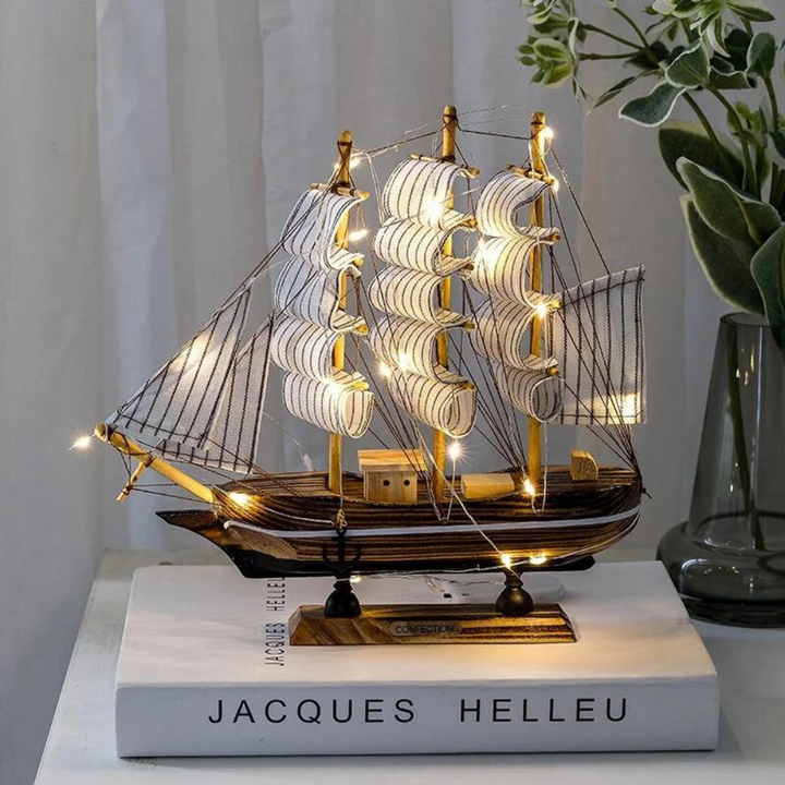 Lisslune | Royaleva Nordic Wood Sailboat Sculpture - LED illuminated decorative piece, battery-operated