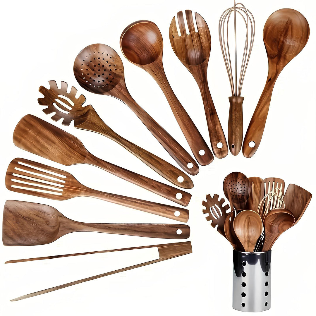 Lisslune | 11-Piece Kitchen Utensil Set Made of Teak – Including Holder – Natural Look for the Kitchen