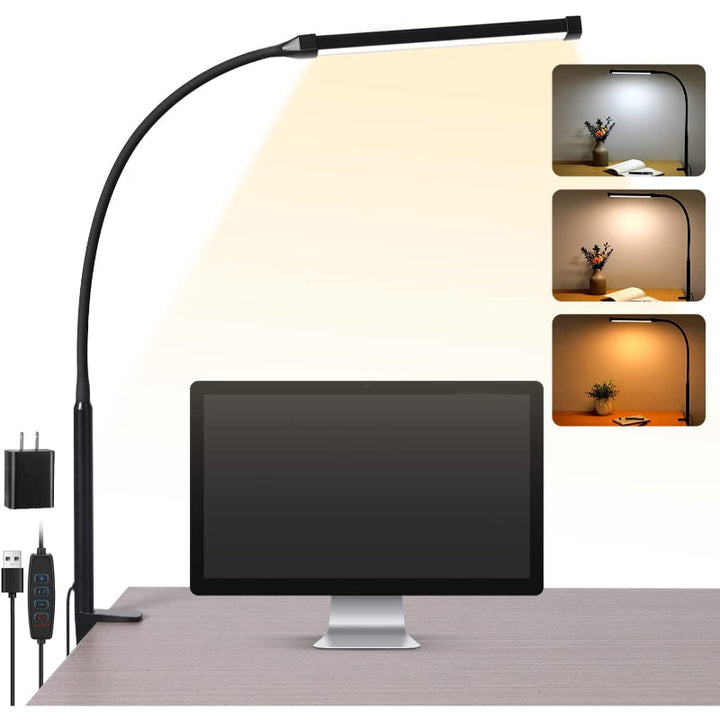 Lisslune | LED Desk Lamp with Lamp, eye-friendly Clip-On Lights for the Home Office, 3 Modes 10 Brightness Levels, long flexible Gooseneck, Metal, Swing Arm Architect Task Desk Lamps with USB Adapter, White