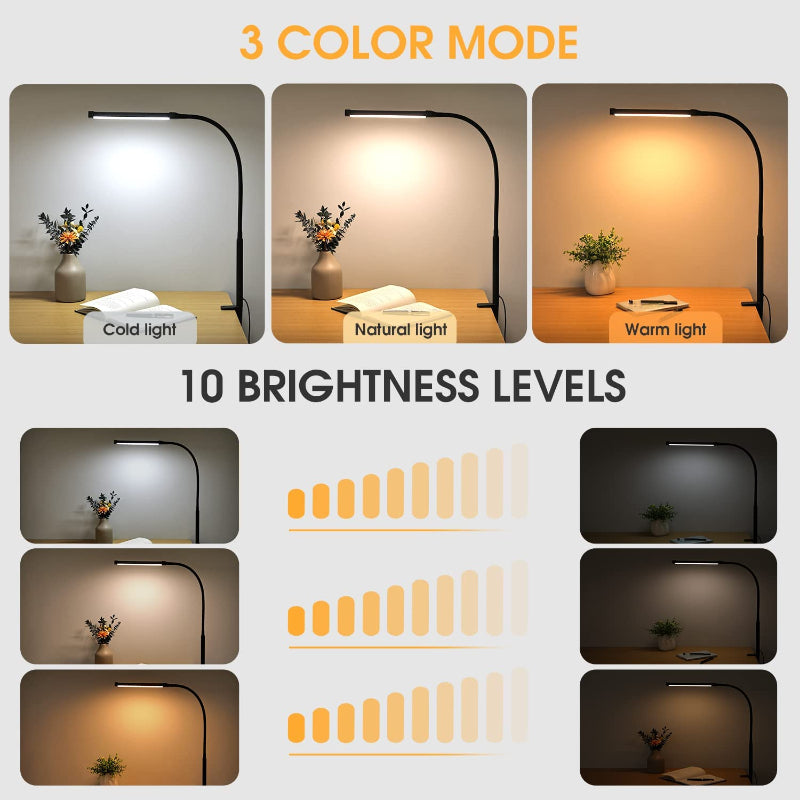 Lisslune | LED Desk Lamp with Lamp, eye-friendly Clip-On Lights for the Home Office, 3 Modes 10 Brightness Levels, long flexible Gooseneck, Metal, Swing Arm Architect Task Desk Lamps with USB Adapter, White