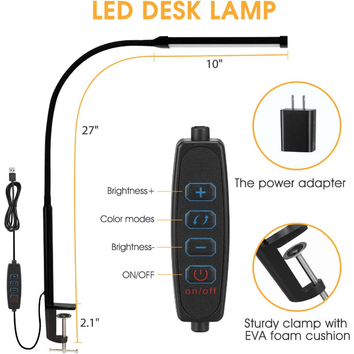 Lisslune | LED Desk Lamp with Lamp, eye-friendly Clip-On Lights for the Home Office, 3 Modes 10 Brightness Levels, long flexible Gooseneck, Metal, Swing Arm Architect Task Desk Lamps with USB Adapter, White