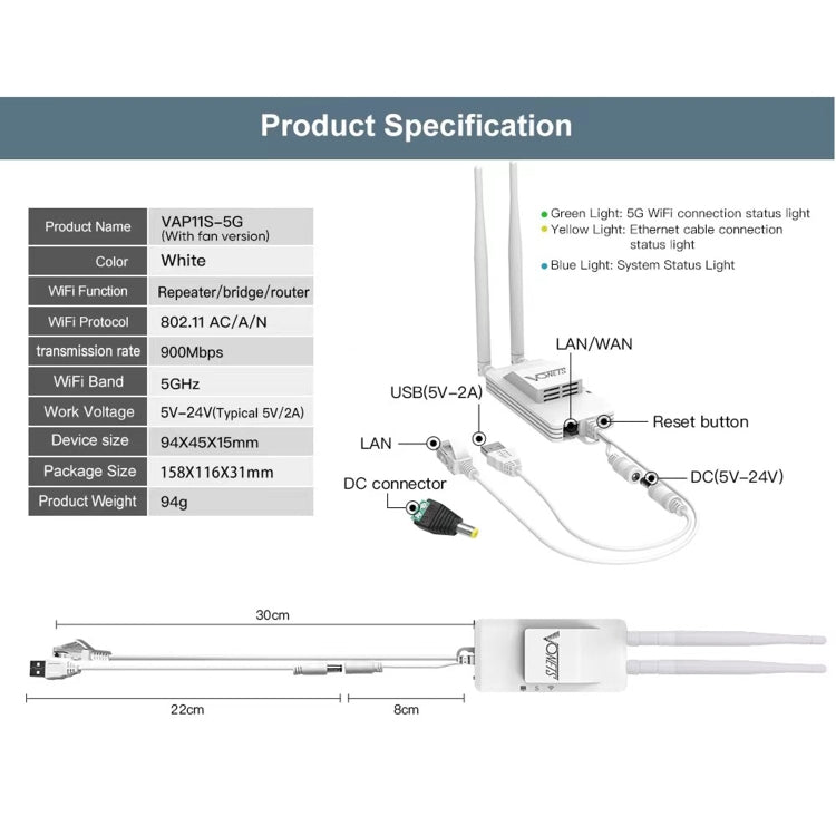 Lisslune | VONETS VAP11S-5G Mini Wireless Bridge 900Mbp WiFi Repeater with 2 Antennas & Fan (White)