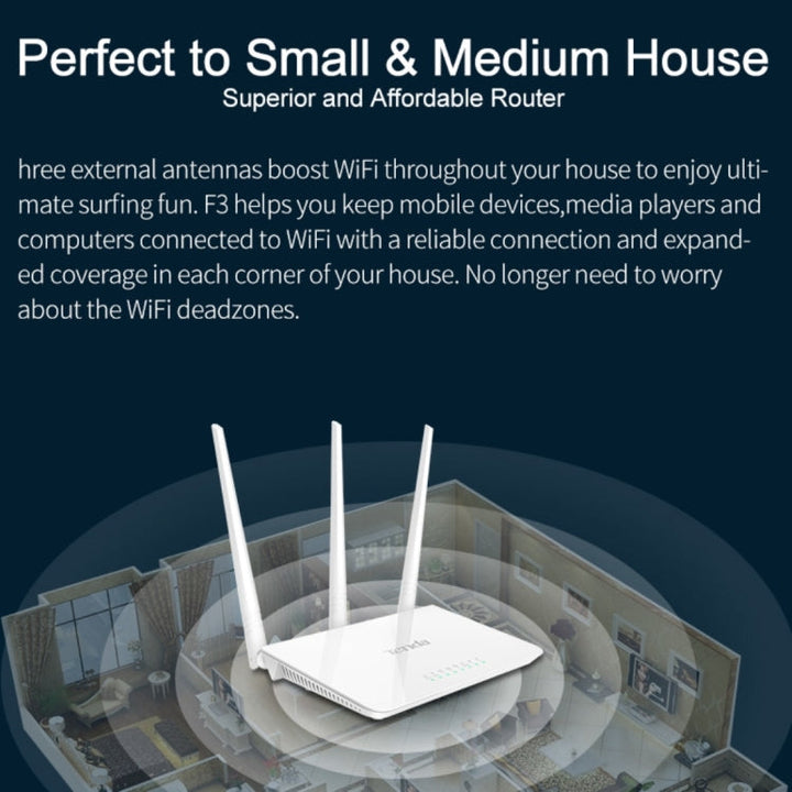 Lisslune | Tenda F3 Wireless 2.4GHz 300Mbps WiFi Router with 3*5dBi external antennas (White)
