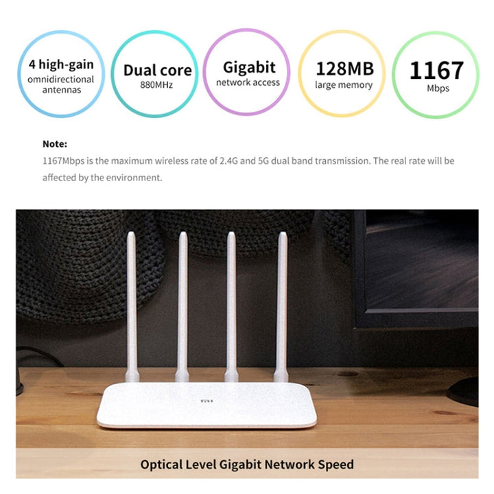 Lisslune | Original Xiaomi WiFi Router 4A Smart APP Control AC1200 1167Mbps 128MB 2.4GHz & 5GHz Dual-Core CPU Gigabit Ethernet Port Wireless Router Repeater with 4 Antennas, Supports Web & Android & iOS, US Plug (White)