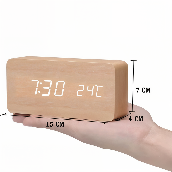Lisslune | WakeyCue | Modern Wooden LED Digital Alarm Clock with Temperature & Humidity Display