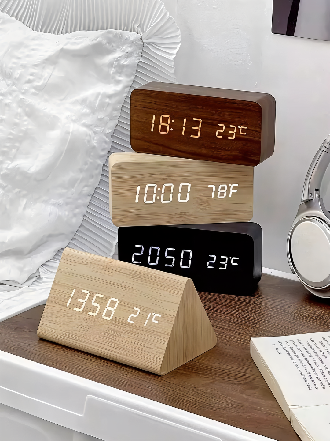 Lisslune | WakeyCue | Modern Wooden LED Digital Alarm Clock with Temperature & Humidity Display