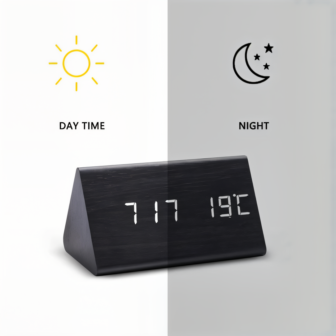 Lisslune | WakeyCue | Modern Wooden LED Digital Alarm Clock with Temperature & Humidity Display