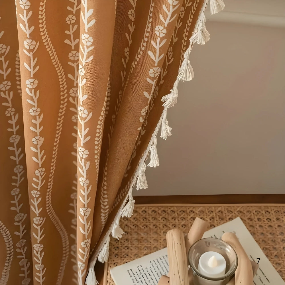 Lisslune | Wheat Pattern Beige Tassel Curtain