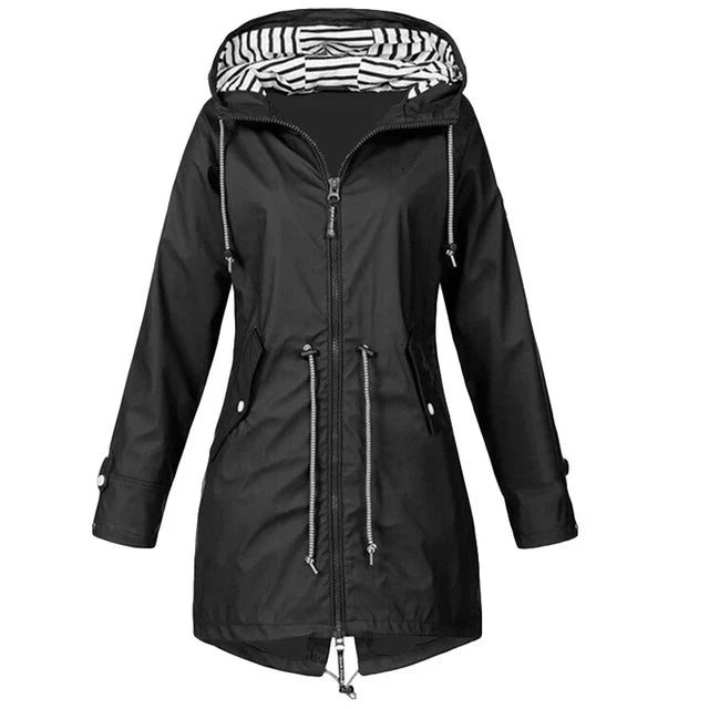 Lisslune | Women's Waterproof Hoodie Trench Coat with Waist Drawstring, Zipper, and Outer Pockets