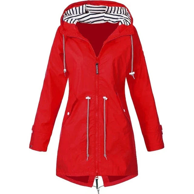 Lisslune | Women's Waterproof Hoodie Trench Coat with Waist Drawstring, Zipper, and Outer Pockets