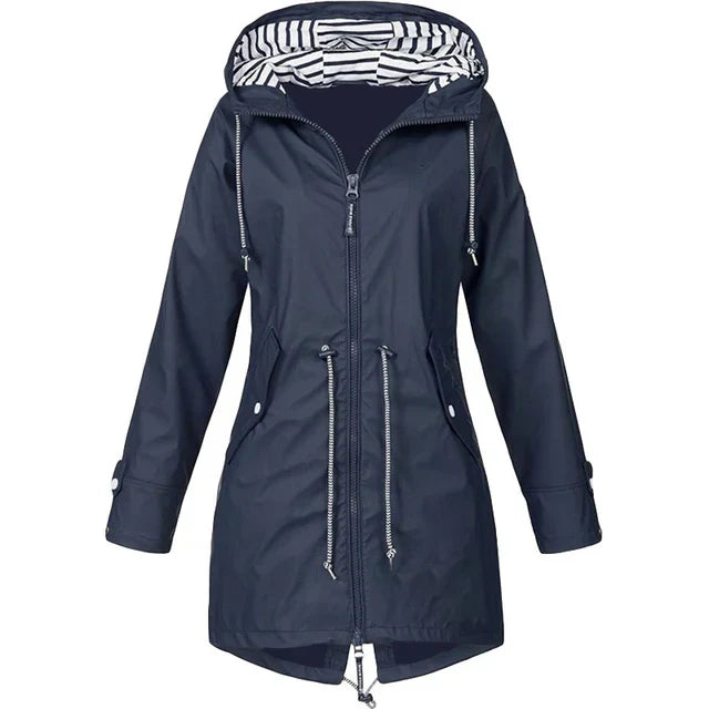 Lisslune | Women's Waterproof Hoodie Trench Coat with Waist Drawstring, Zipper, and Outer Pockets