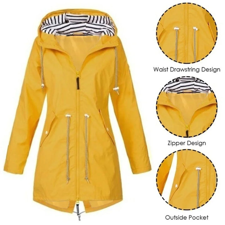 Lisslune | Women's Waterproof Hoodie Trench Coat with Waist Drawstring, Zipper, and Outer Pockets