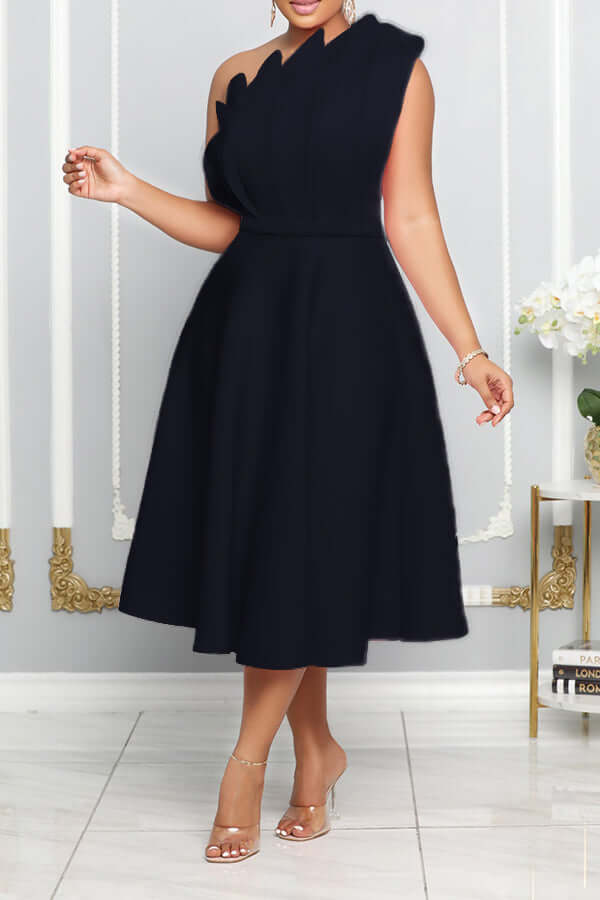 Lisslune | One Shoulder Midi Kleid Elegante A-Linie Passform Skulpturierte Details Festliche Kleidung