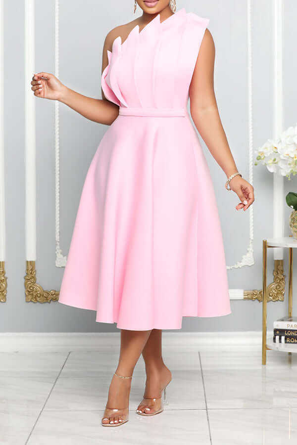 Lisslune | One Shoulder Midi Kleid Elegante A-Linie Passform Skulpturierte Details Festliche Kleidung