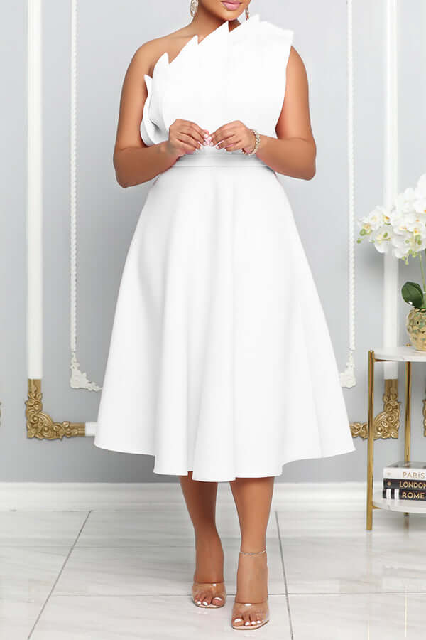 Lisslune | One Shoulder Midi Kleid Elegante A-Linie Passform Skulpturierte Details Festliche Kleidung