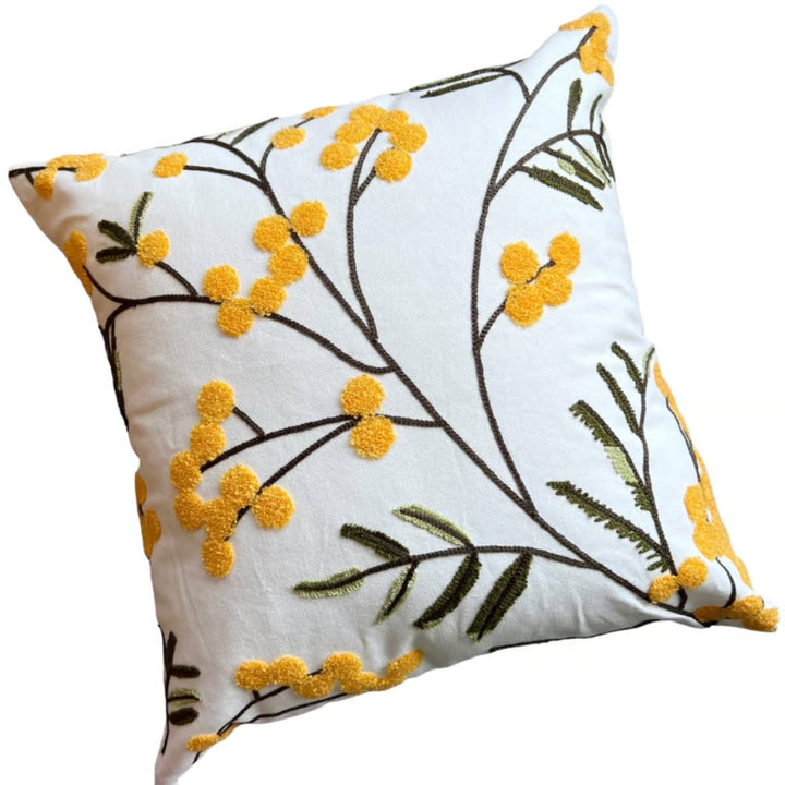 Lisslune | Yellow Bloom & Leaf Embroidery Cushion Cover