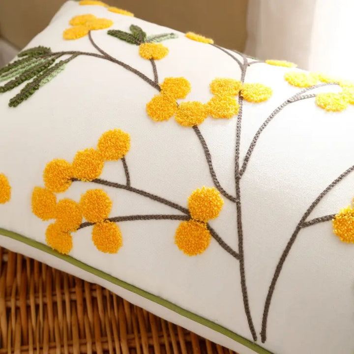 Lisslune | Yellow Bloom & Leaf Embroidery Cushion Cover