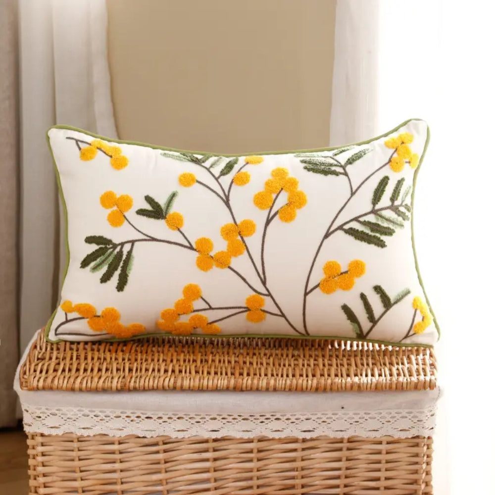 Lisslune | Yellow Bloom & Leaf Embroidery Cushion Cover