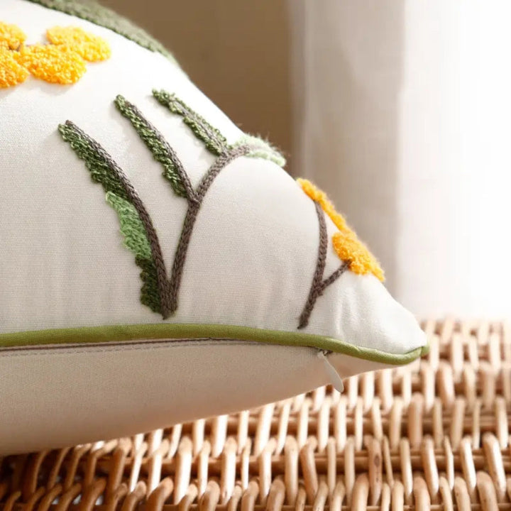 Lisslune | Yellow Bloom & Leaf Embroidery Cushion Cover