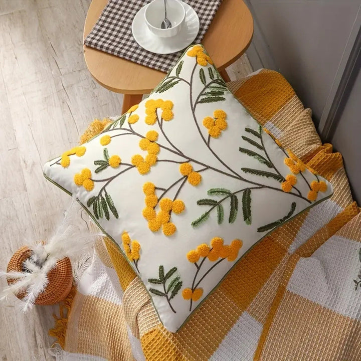 Lisslune | Yellow Bloom & Leaf Embroidery Cushion Cover