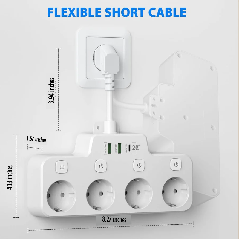Lisslune | Wall Mounted Power Strip with Independent Switch 2 USB A and 1 USB C