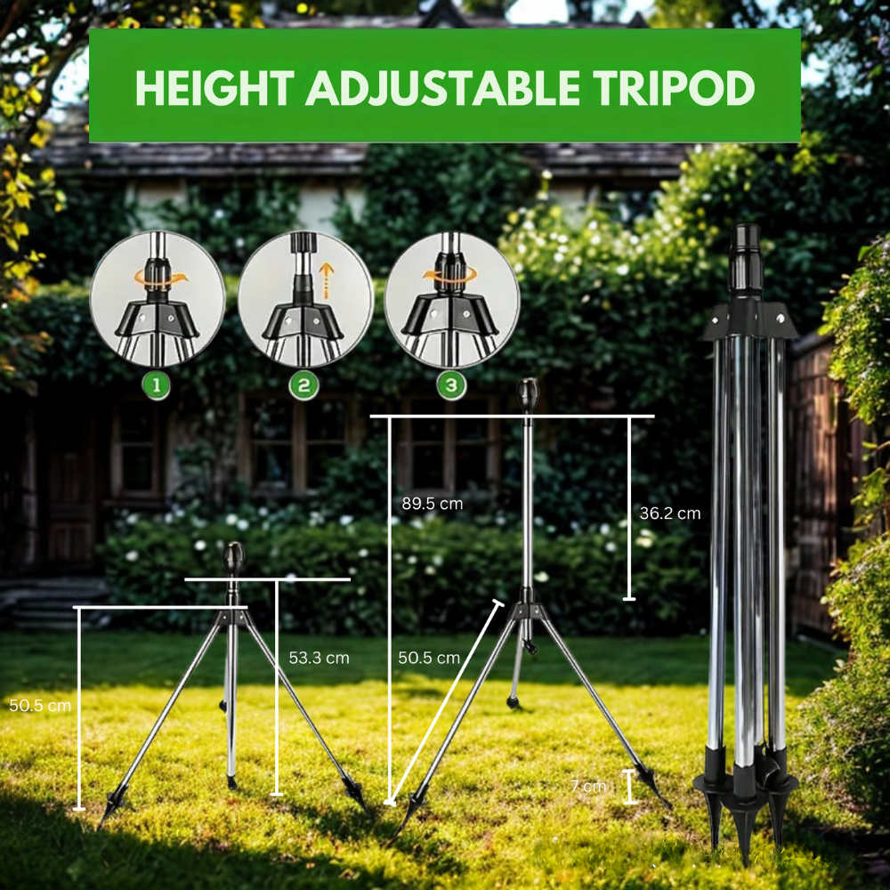 Lisslune | Adjustable 360° Garden Sprinkler on Tripod – Stainless Steel Height-Adjustable Lawn Irrigation System
