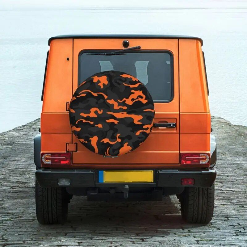 Lisslune | Rugged Camo Reserve Tire Cover – Black Orange Camouflage Wheel Protector for Off-Road Vehicles and Outdoor Vehicles
