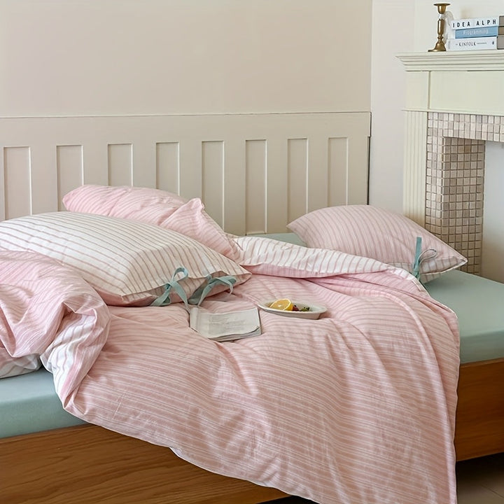 Lisslune | 3pcs, Neuer Koreanischer Stil Schleifen-Design Baumwoll-Set: Bettbezug*1 + Kissenbezüge*2, Koreanisches Schleifen-Design, Standardgröße A, Gestreiftes Muster mit Schleifendekoration, Stilvoll und Elegant