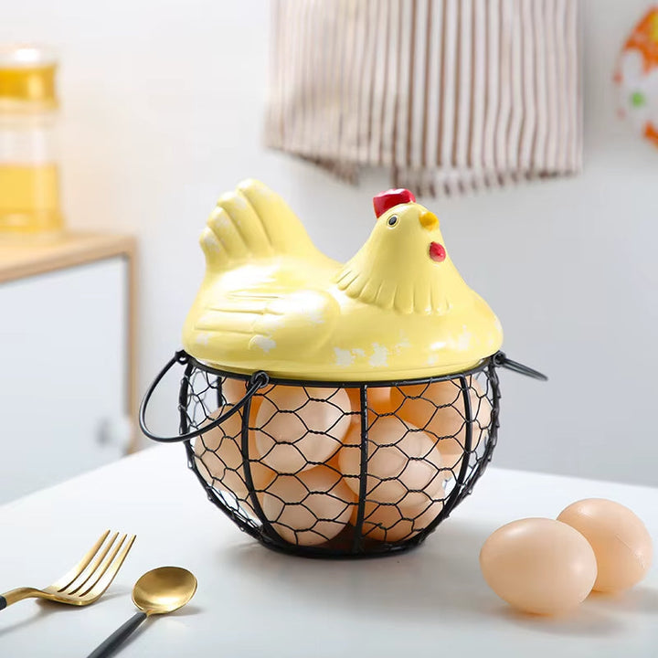 Lisslune | Ceramic Egg Holder Chicken with Wire Basket