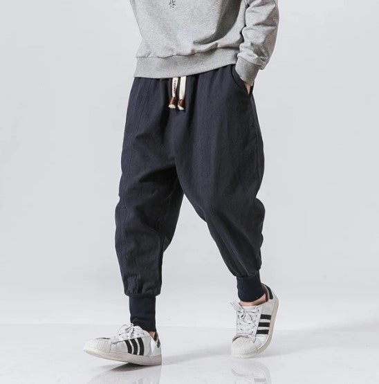 Lisslune | Cotton Linen Harem Pants Men Solid Color Elastic Waist Streetwear Jogging Pants