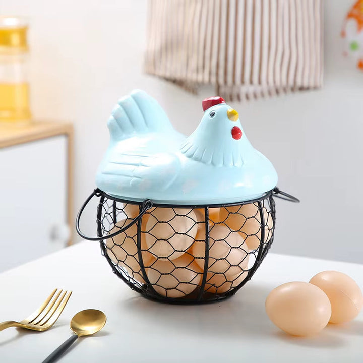 Lisslune | Ceramic Egg Holder Chicken with Wire Basket
