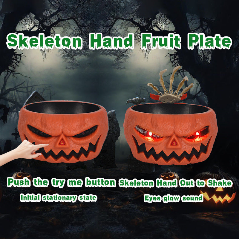 Lisslune | Halloween Candy Bowl – Motion Sensor Pumpkin Bowl with Skeleton Hand and Red Light Effects