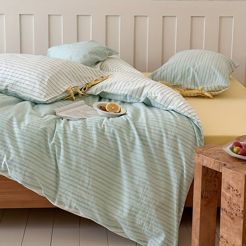 Lisslune | 3pcs, Neuer Koreanischer Stil Schleifen-Design Baumwoll-Set: Bettbezug*1 + Kissenbezüge*2, Koreanisches Schleifen-Design, Standardgröße A, Gestreiftes Muster mit Schleifendekoration, Stilvoll und Elegant