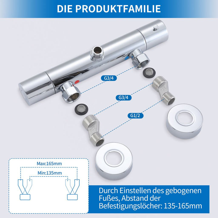 Lisslune | Shower faucet with thermostat Chrome mixer tap Shower with 38°C safety button Shower thermostat fitting Stainless steel shower fittings Shower thermostat