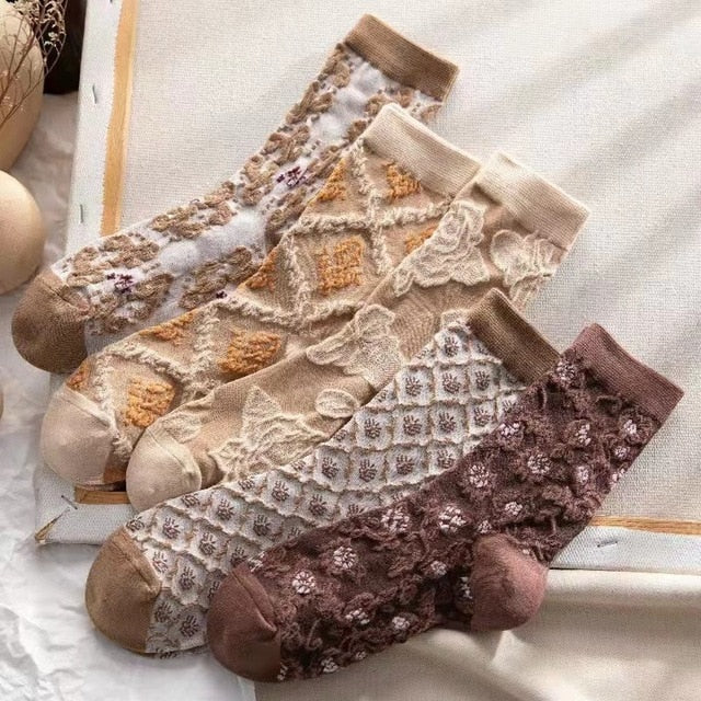 Lisslune | 5 Pair Vintage Flower Embroidery Socks