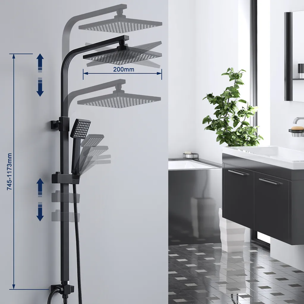 Lisslune | Shower system Black Rain shower Shower set without faucet with overhead shower Hand shower Shower column Shower system with diverter angular Shower column for bathroom, black