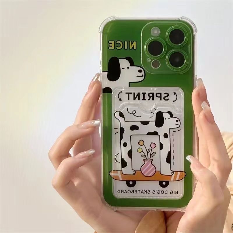Lisslune | Stoßfester Kartenhalter Telefonhülle | Grünes Skateboard-Beflecktes Hundecartoon-Design mit Fotoschlitzen | Kompatibel mit iPhone 16, 16 Pro, 16 Pro Max, 15 Pro, 15 Pro Max, 14, 14 Pro Max, 13, 12, 11, XS Max, XR, 7, 8, SE, 12,