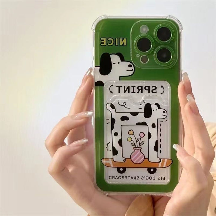 Lisslune | Stoßfester Kartenhalter Telefonhülle | Grünes Skateboard-Beflecktes Hundecartoon-Design mit Fotoschlitzen | Kompatibel mit iPhone 16, 16 Pro, 16 Pro Max, 15 Pro, 15 Pro Max, 14, 14 Pro Max, 13, 12, 11, XS Max, XR, 7, 8, SE, 12,