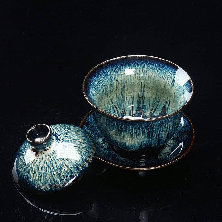 Lisslune | Vintage Kiln Ceramic Gaiwan Sancai Tea Cup Tea Cup and Saucer with Lid