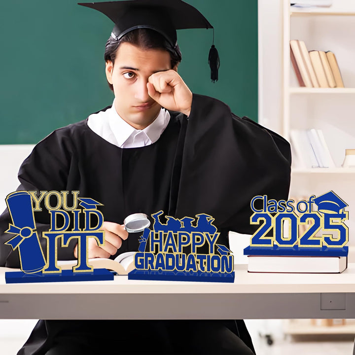 4 Piece Black and Gold Graduation Decorations Class of 2025 Congratulations Graduate Wood Table Centerpieces Graduate Table Decor Congratulations Tiered Shelf Decor for 2025 Graduation Decorations