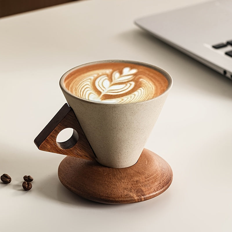 Lisslune | BaristaLuxe Ceramic Coffee Cup 250ml – Handmade with Wooden Handle and Coaster