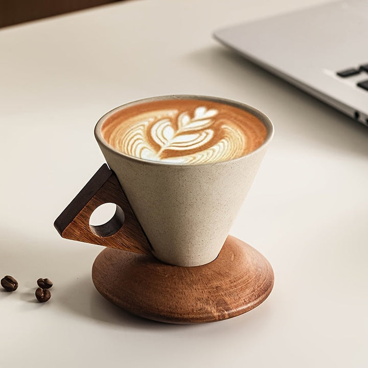 Lisslune | BaristaLuxe Ceramic Coffee Cup 250ml – Handmade with Wooden Handle and Coaster