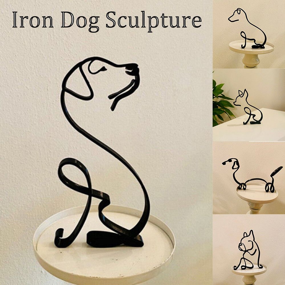 Lisslune | Tier Kunst Eisen Skulptur Retro Metall schwarze Linien Katze Hund Schreibtisch Ornament