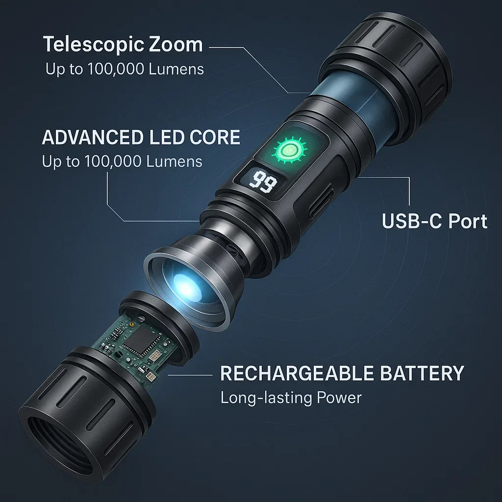 Lisslune | 100000 Lumen Tactical Flashlight | World's Brightest High-Powered Torch