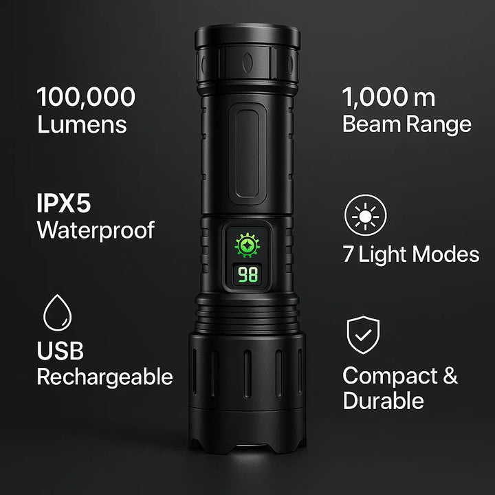 Lisslune | 100000 Lumen Tactical Flashlight | World's Brightest High-Powered Torch