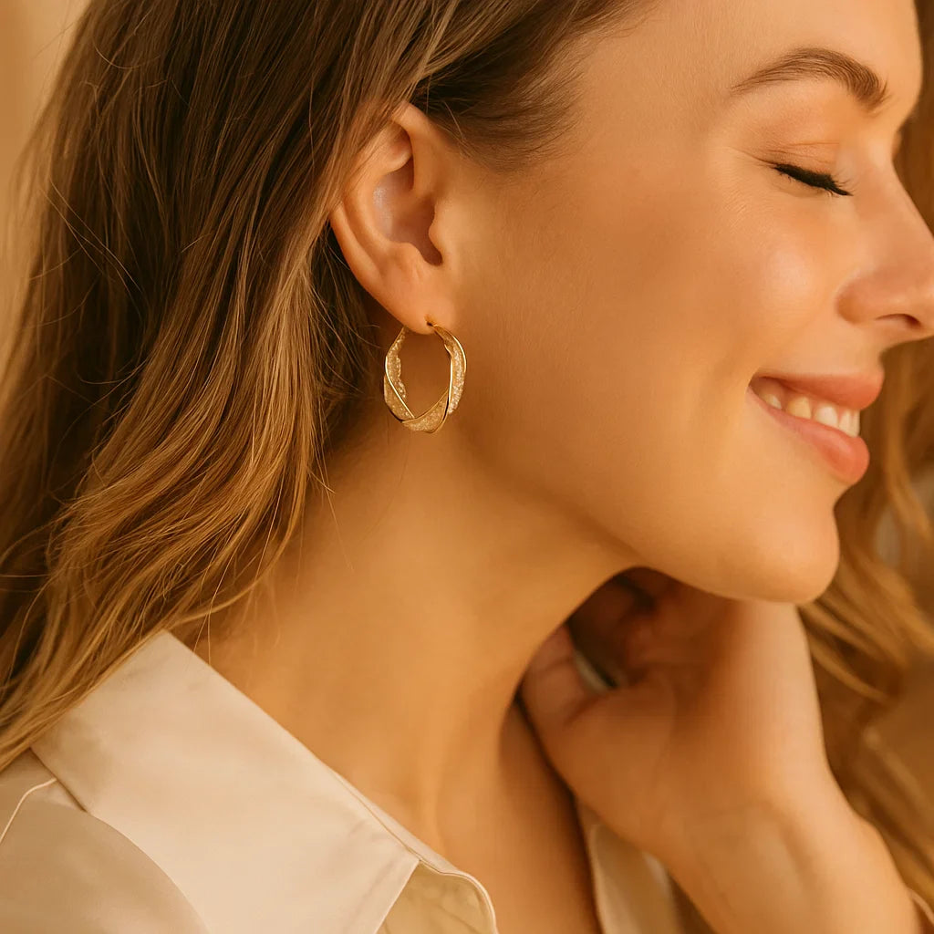 Lisslune | Elegant Gold Colored Twisted Hoop Earrings with Mesh Pattern
