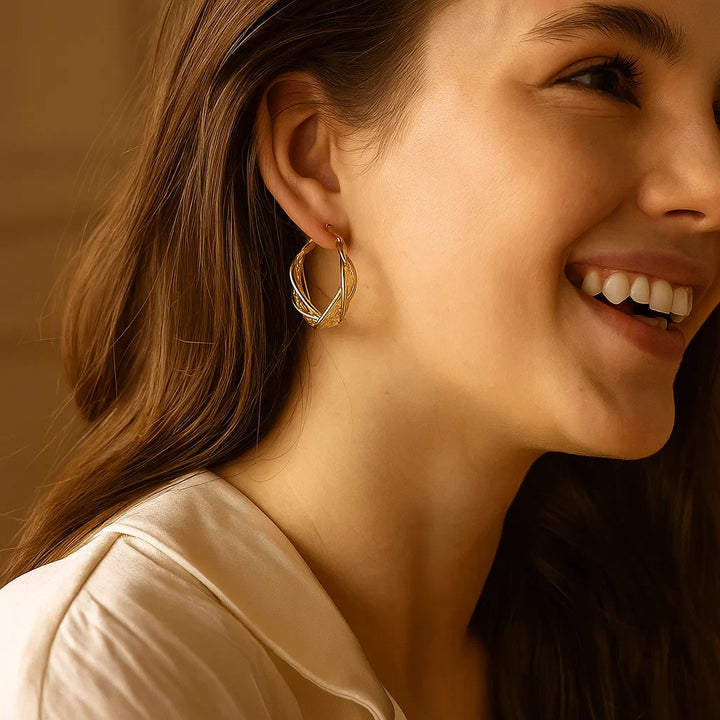 Lisslune | Elegant Gold Colored Twisted Hoop Earrings with Mesh Pattern