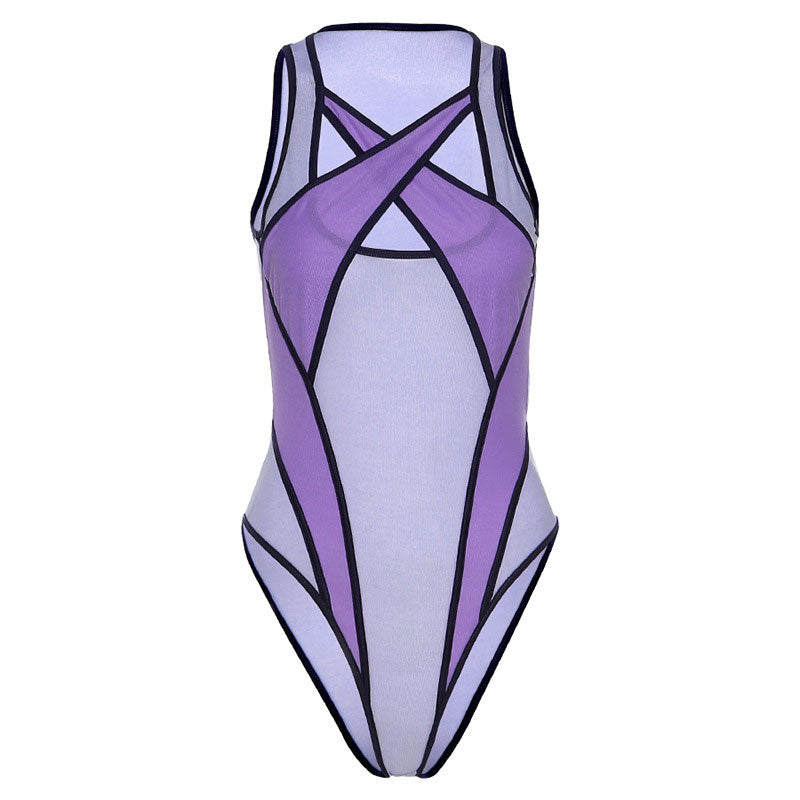 Lisslune | Athletic Contrast Strap Cross Belt Mesh Bodysuit