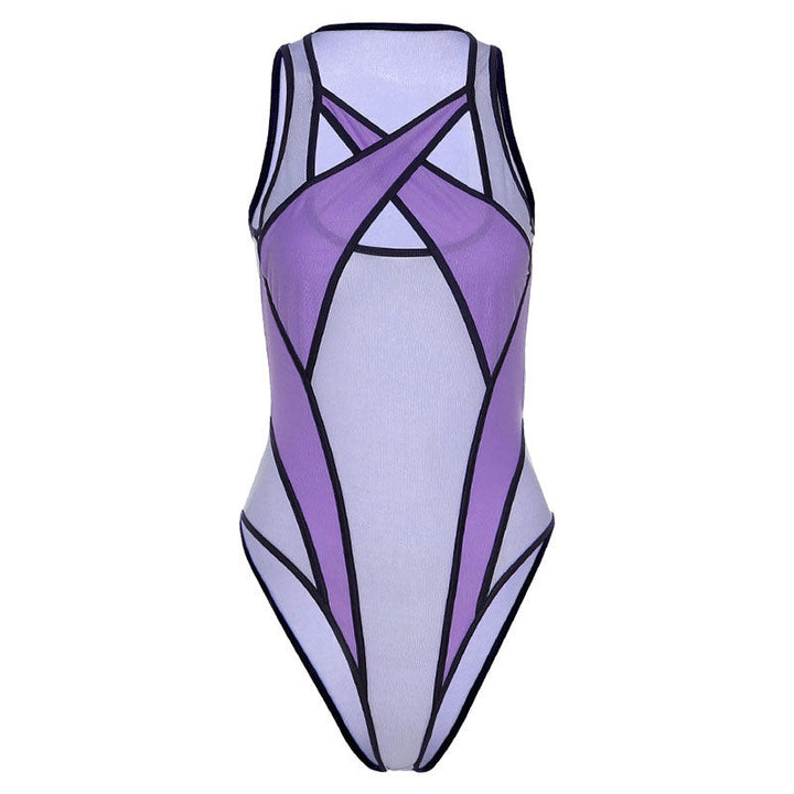 Lisslune | Athletic Contrast Strap Cross Belt Mesh Bodysuit