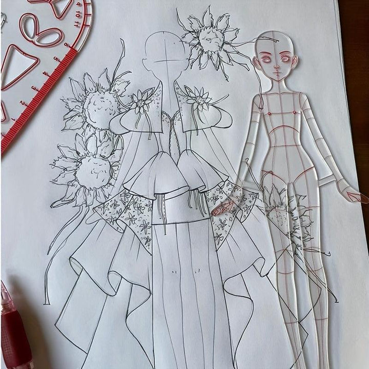 Lisslune | Clear Fashion Illustration Ruler Set with Template for Dress Forms for Designing for Students and Sketching BJD Doll Outfits